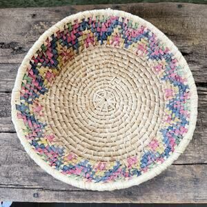 Handmade Mexican Palm Basket Colorful Boho Woven Folk Art Bowl Tray 11” Vintage